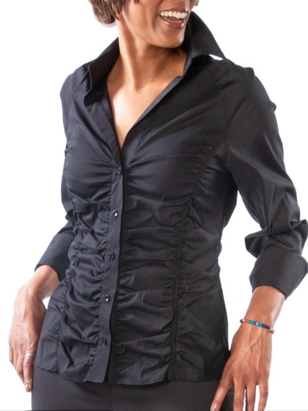 FARINAZ TAGHAVI blue black gingham check ruched shirt 4